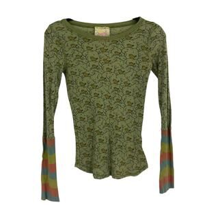 Vintage Y2K Waffle Thermal Bird Print Green Multi Top Women’s Small Animal